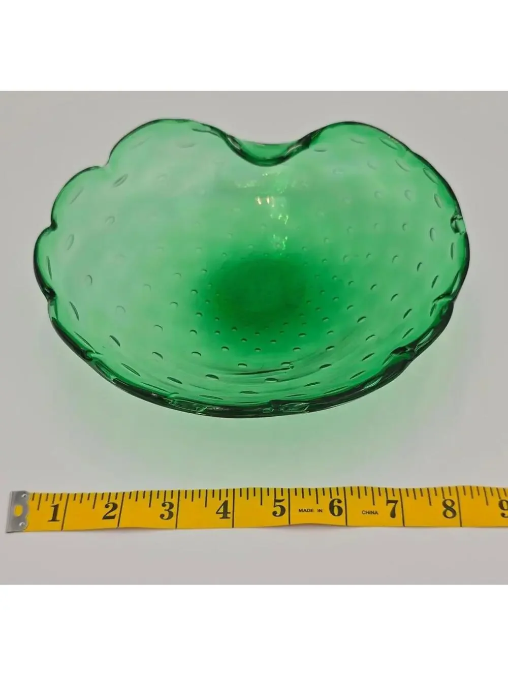 Vintage Green Controlled Bubble Art Glass Bowl Murano Style Scalloped Candy Dish